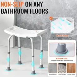 VEVOR Shower Chair, Adjustable Height Shower Stool with Built-in Handles, Shower Seat for Inside Shower or Tub, Non-Slip Bench Bathtub Stool Seat for Elderly Disabled Handicap, 158.8 kg Capacity