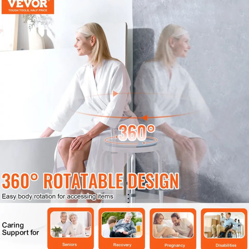 VEVOR Shower Chair for Inside Shower, 360 Degree Swivel Shower Seat, Adjustable Height Shower Stool, Non-Slip Bench Bathtub Seat Stool for Elderly Disabled Adults Handicap, 300 lbs Capacity