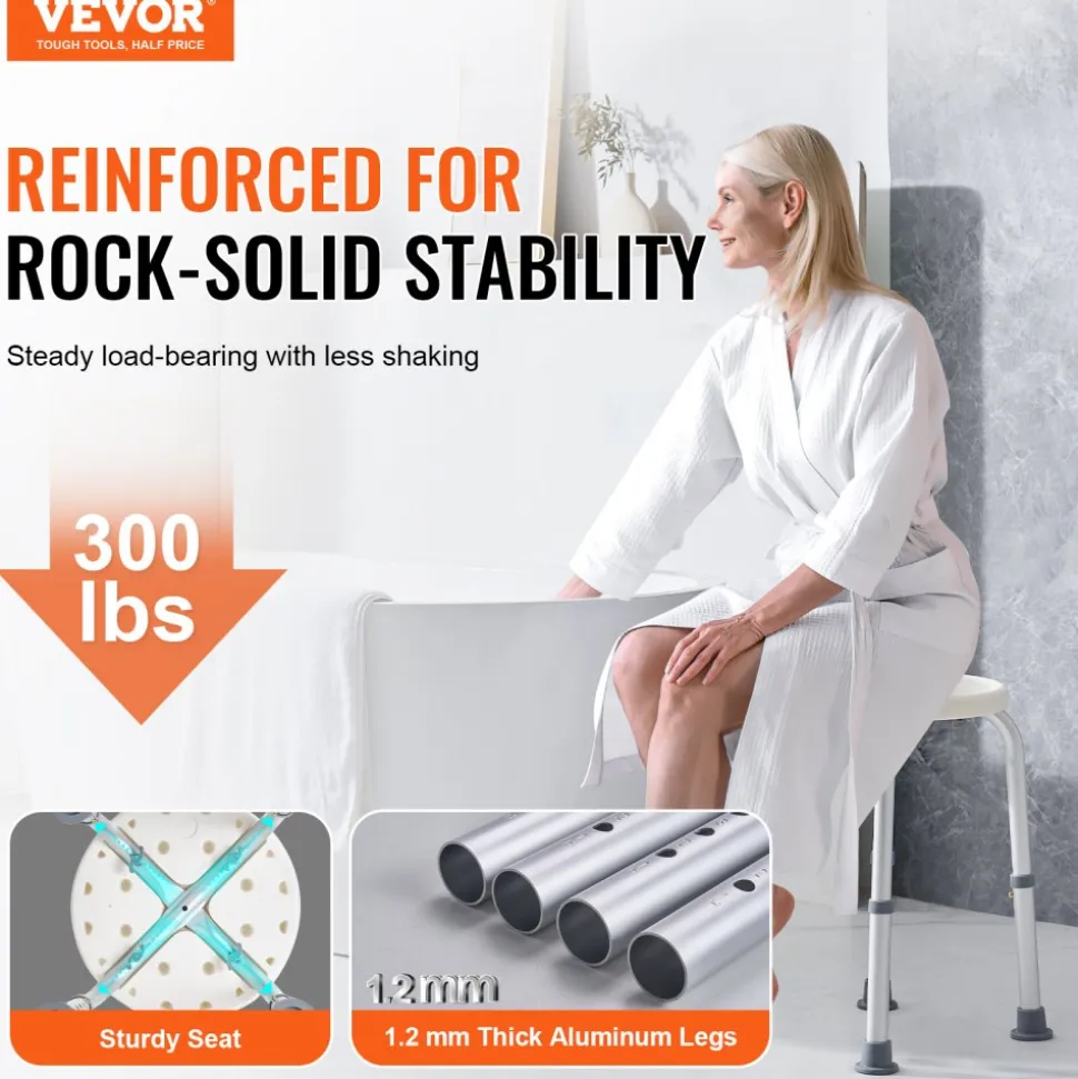 VEVOR Shower Chair for Inside Shower, Adjustable Height Shower Stool, Non-Slip Bench Bathtub Seat Stool for Elderly Disabled Adults Handicap, 300 lbs Capacity