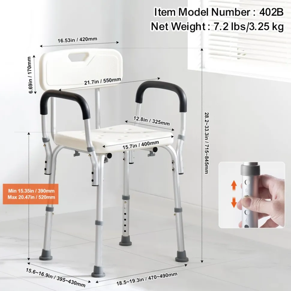 VEVOR Shower Chair, Shower Seat with Back, Adjustable Height Shower Stool, Shower Chair for Inside Shower Bathtub, Non-slip Bathroom Bench Bath Chair for Elderly Disabled Handicap, 350 LBS Capacity
