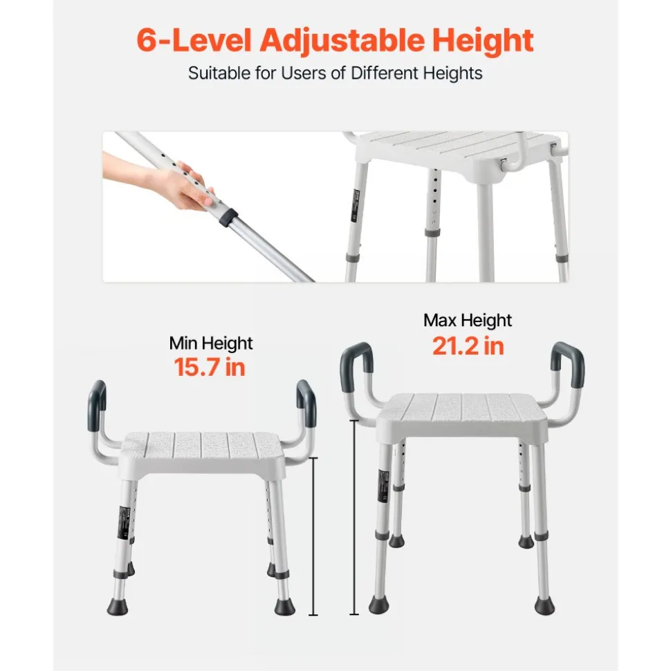 VEVOR Shower Chair with Armrest, 6-Level Height Adjustable Bath Seat for Inside Shower or Tubs, Non-Slip Bathroom Bathtub Chair for Elderly Disabled Injured, 400LBS Capacity