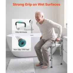 VEVOR Shower Chair with Armrest, 6-Level Height Adjustable Bath Seat for Inside Shower or Tubs, Non-Slip Bathroom Bathtub Chair for Elderly Disabled Injured, 400LBS Capacity