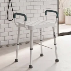 VEVOR Shower Chair with Armrest, 6-Level Height Adjustable Bath Seat for Inside Shower or Tubs, Non-Slip Bathroom Bathtub Chair for Elderly Disabled Injured, 400LBS Capacity