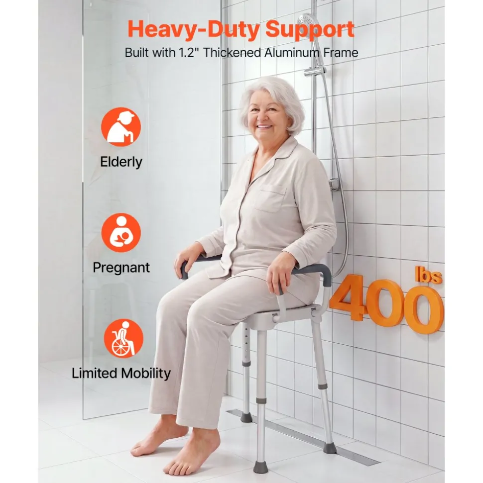 VEVOR Shower Chair with Armrest, 6-Level Height Adjustable Bath Seat for Inside Shower or Tubs, Non-Slip Bathroom Bathtub Chair for Elderly Disabled Injured, 400LBS Capacity