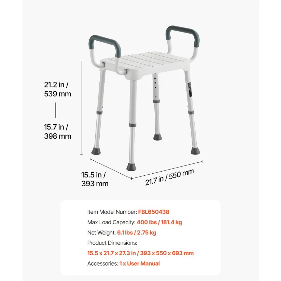 VEVOR Shower Chair with Armrest, 6-Level Height Adjustable Bath Seat for Inside Shower or Tubs, Non-Slip Bathroom Bathtub Chair for Elderly Disabled Injured, 400LBS Capacity