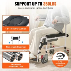VEVOR Shower Commode Wheelchair with 4 Lockable Wheels, Footrests, Flip-up Arms, 3-Level Adjustable Height, 5L Removable Bucket, 350 LBS Capacity, Commode Chair for Adults Seniors