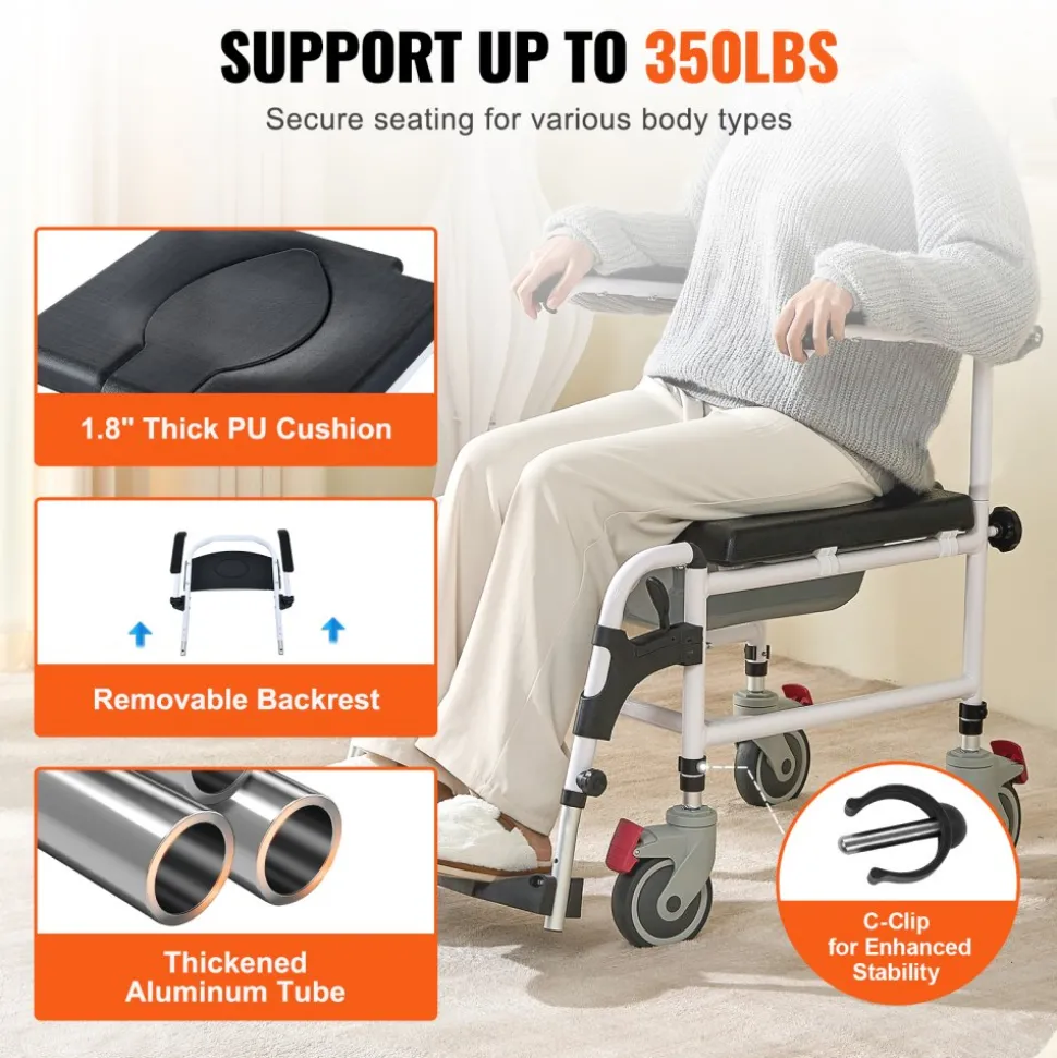 VEVOR Shower Commode Wheelchair with 4 Lockable Wheels, Footrests, Flip-up Arms, 3-Level Adjustable Height, 5L Removable Bucket, 350 LBS Capacity, Commode Chair for Adults Seniors