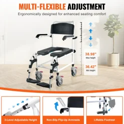 VEVOR Shower Commode Wheelchair with 4 Lockable Wheels, Footrests, Flip-up Arms, 3-Level Adjustable Height, 5L Removable Bucket, 350 LBS Capacity, Commode Chair for Adults Seniors