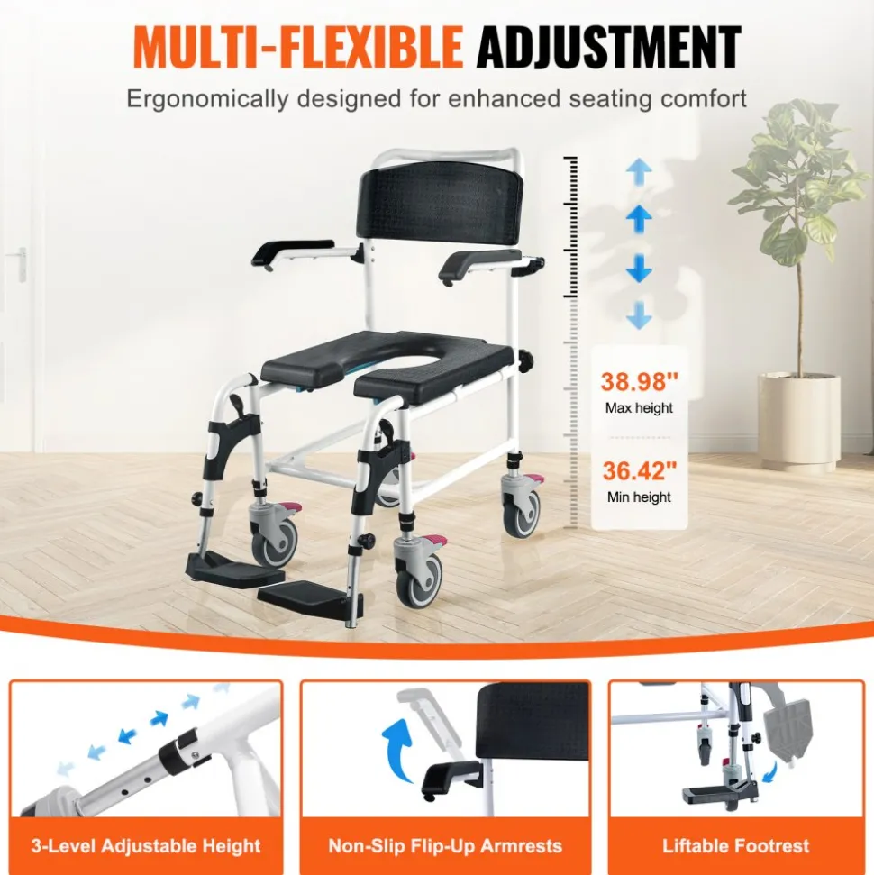 VEVOR Shower Commode Wheelchair with 4 Lockable Wheels, Footrests, Flip-up Arms, 3-Level Adjustable Height, 5L Removable Bucket, 350 LBS Capacity, Commode Chair for Adults Seniors