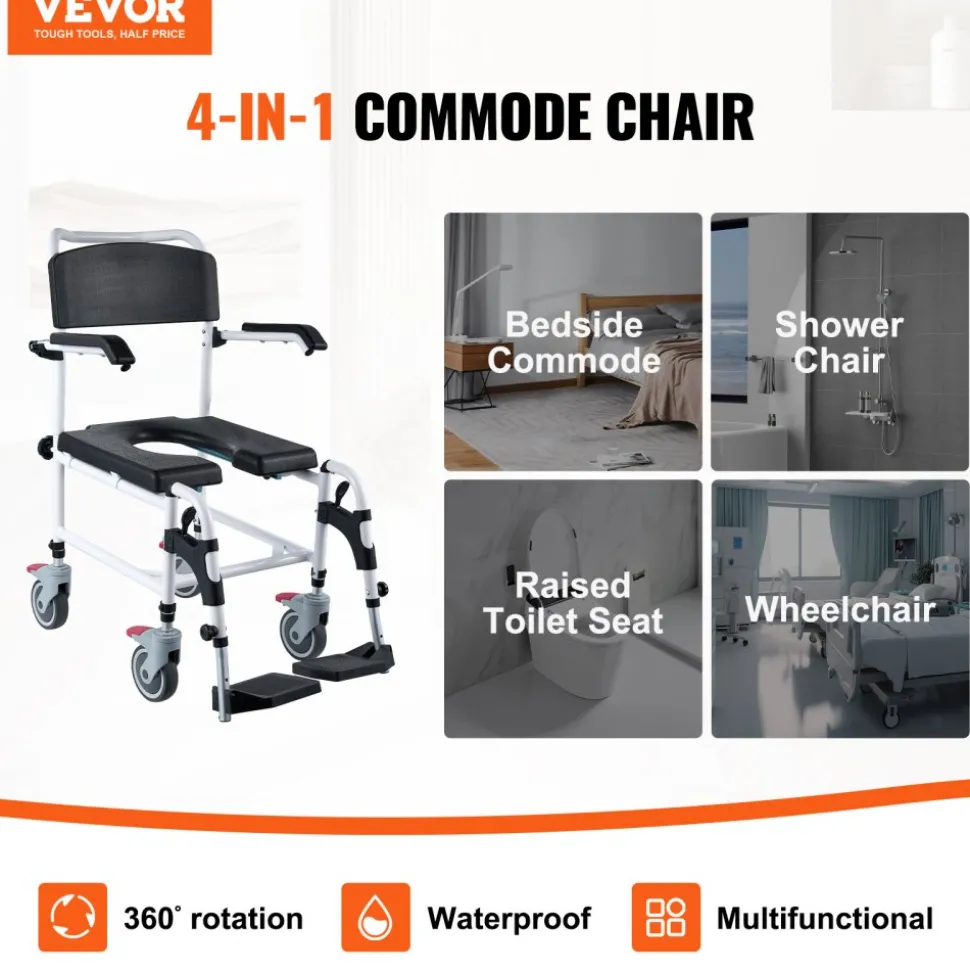 VEVOR Shower Commode Wheelchair with 4 Lockable Wheels, Footrests, Flip-up Arms, 3-Level Adjustable Height, 5L Removable Bucket, 350 LBS Capacity, Commode Chair for Adults Seniors