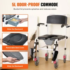 VEVOR Shower Commode Wheelchair with 4 Lockable Wheels, Footrests, Flip-up Arms, 3-Level Adjustable Height, 5L Removable Bucket, 350 LBS Capacity, Commode Chair for Adults Seniors