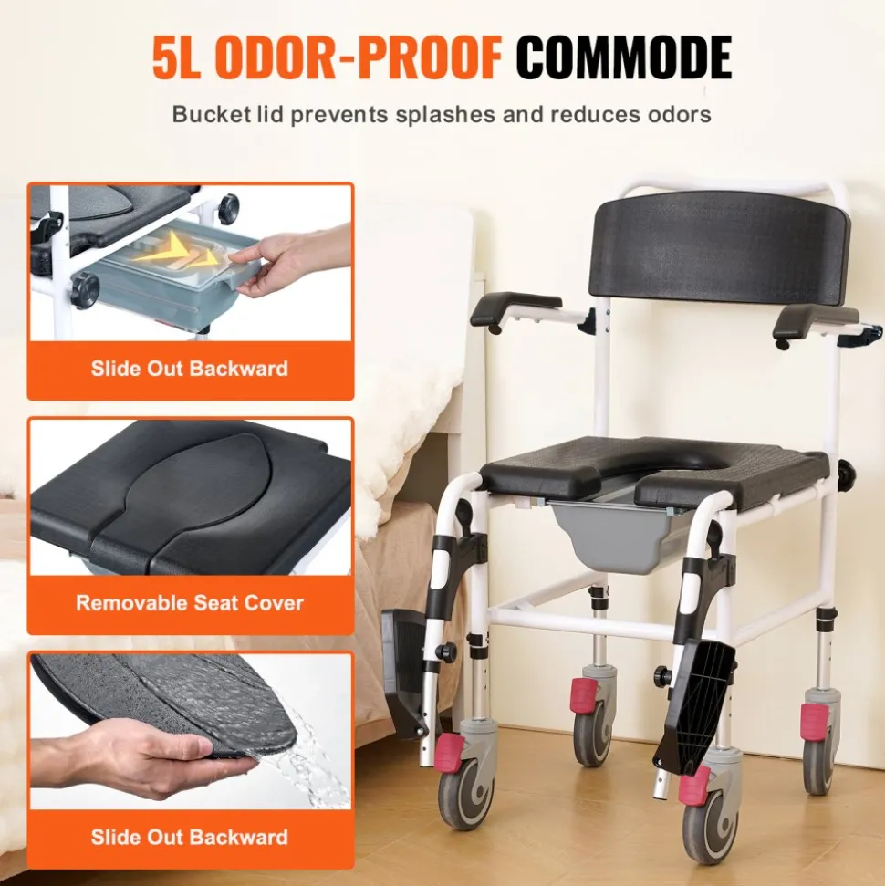 VEVOR Shower Commode Wheelchair with 4 Lockable Wheels, Footrests, Flip-up Arms, 3-Level Adjustable Height, 5L Removable Bucket, 350 LBS Capacity, Commode Chair for Adults Seniors