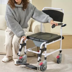 VEVOR Shower Commode Wheelchair with 4 Lockable Wheels, Footrests, Flip-up Arms, 3-Level Adjustable Height, 5L Removable Bucket, 350 LBS Capacity, Commode Chair for Adults Seniors