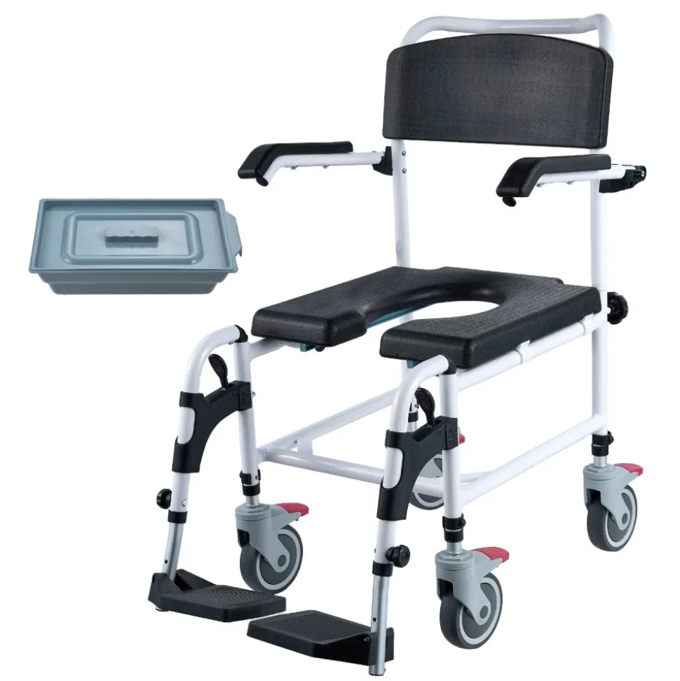 VEVOR Shower Commode Wheelchair with 4 Lockable Wheels, Footrests, Flip-up Arms, 3-Level Adjustable Height, 5L Removable Bucket, 350 LBS Capacity, Commode Chair for Adults Seniors