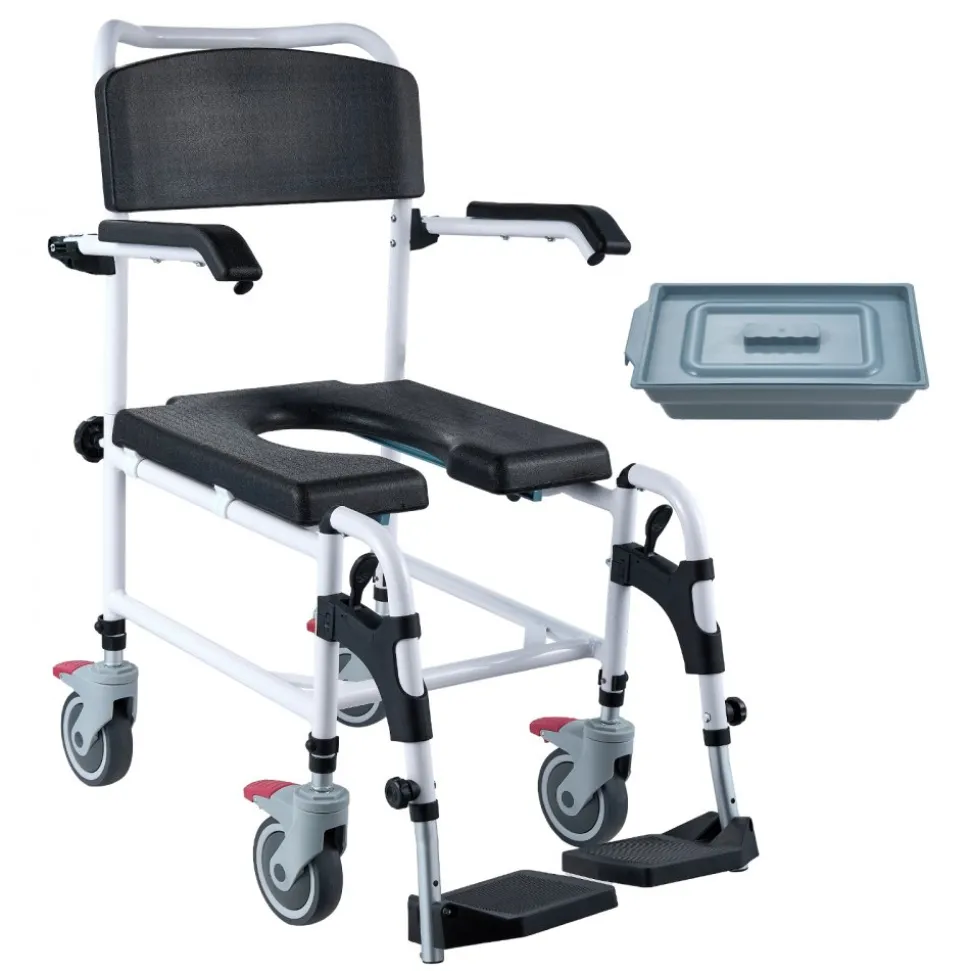 VEVOR Shower Commode Wheelchair with 4 Lockable Wheels, Footrests, Flip-up Arms, 3-Level Adjustable Height, 5L Removable Bucket, 350 LBS Capacity, Commode Chair for Adults Seniors