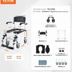 VEVOR Shower Commode Wheelchair with 4 Lockable Wheels, Footrests, Flip-up Arms, 3-Level Adjustable Height, 5L Removable Bucket, 350 LBS Capacity, Commode Chair for Adults Seniors