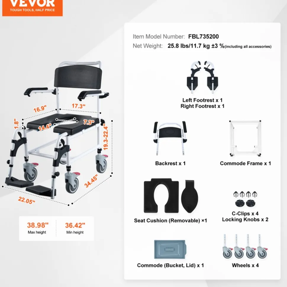 VEVOR Shower Commode Wheelchair with 4 Lockable Wheels, Footrests, Flip-up Arms, 3-Level Adjustable Height, 5L Removable Bucket, 350 LBS Capacity, Commode Chair for Adults Seniors