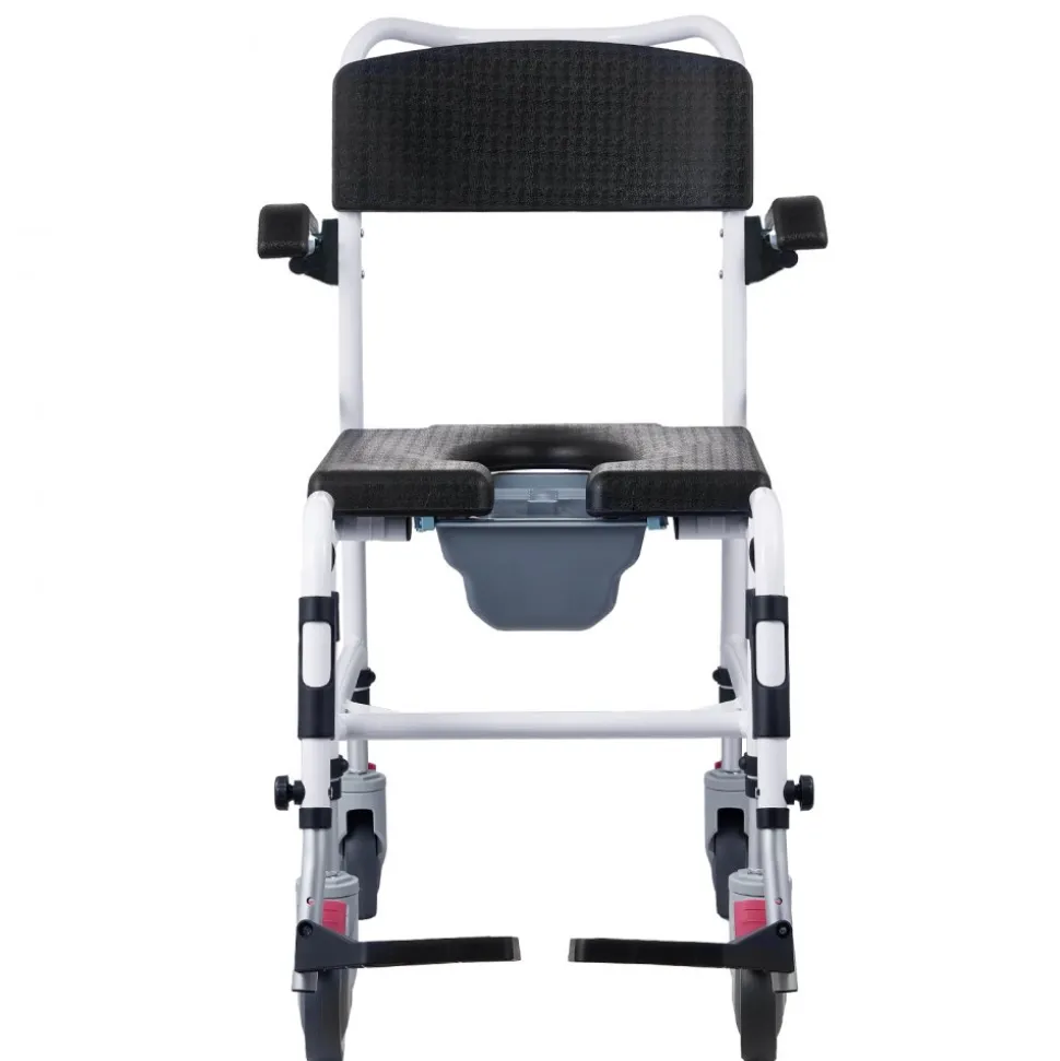 VEVOR Shower Commode Wheelchair with 4 Lockable Wheels, Footrests, Flip-up Arms, 3-Level Adjustable Height, 5L Removable Bucket, 350 LBS Capacity, Commode Chair for Adults Seniors