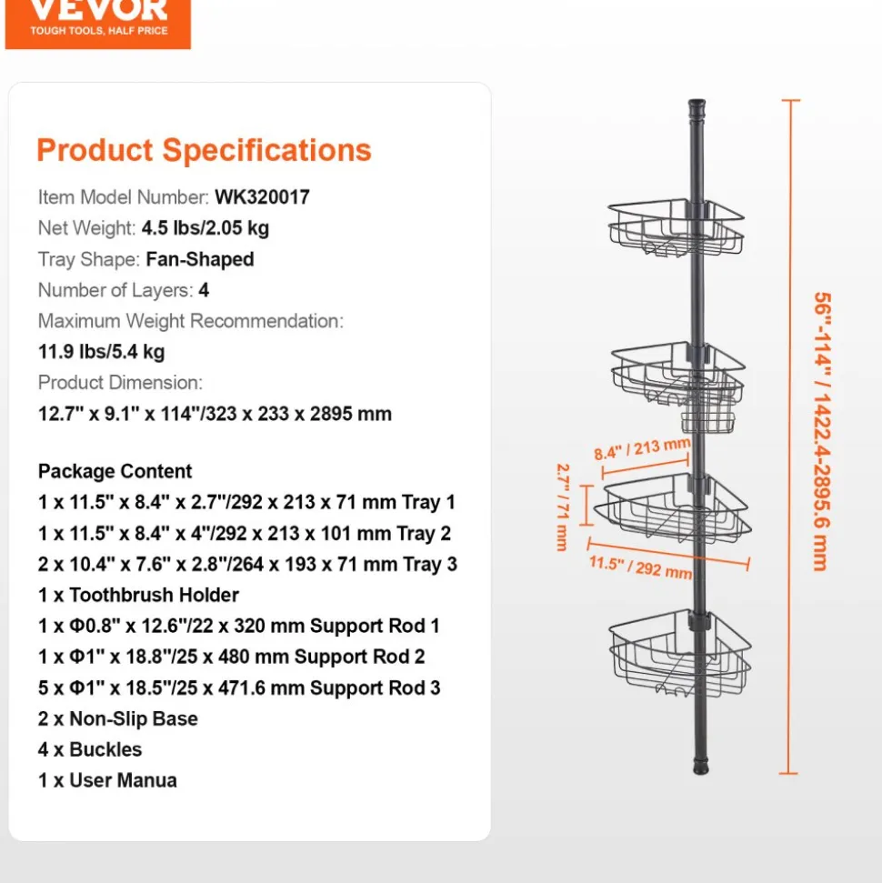 VEVOR Shower Corner Caddy Tension Pole, 56" to 114" High, Multi-Functional Shower Tension Pole with Strong Load-Bearing Tray, Rust-Proof Easy-to-Install Tension Pole, Fit for Bathroom & Washroom