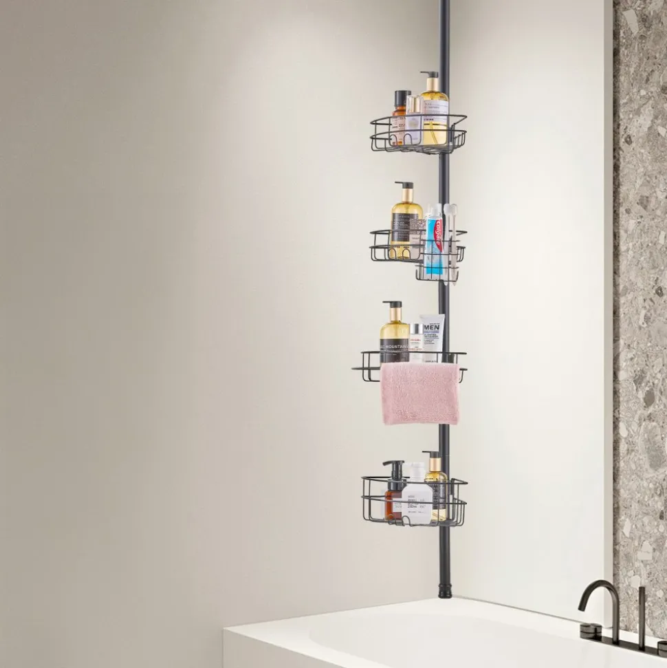 VEVOR Shower Corner Caddy Tension Pole, 56" to 114" High, Multi-Functional Shower Tension Pole with Strong Load-Bearing Tray, Rust-Proof Easy-to-Install Tension Pole, Fit for Bathroom & Washroom
