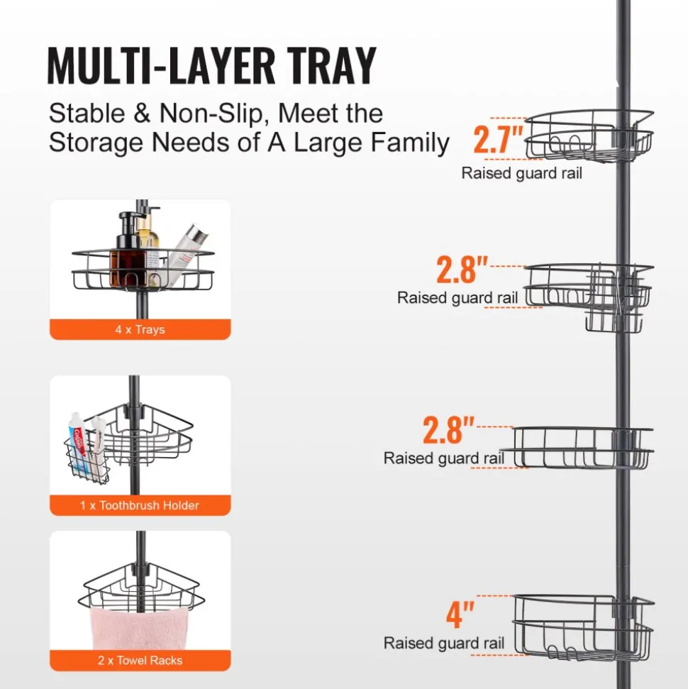 VEVOR Shower Corner Caddy Tension Pole, 56" to 114" High, Multi-Functional Shower Tension Pole with Strong Load-Bearing Tray, Rust-Proof Easy-to-Install Tension Pole, Fit for Bathroom & Washroom