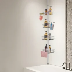 VEVOR Shower Corner Caddy Tension Pole, 42" to 114" High, Multi-Functional Shower Tension Pole with Strong Load-Bearing Tray, Rust-Proof Easy-to-Install Tension Pole, Fit for Bathroom & Washroom