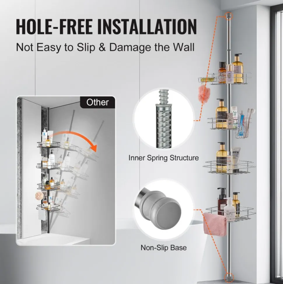VEVOR Shower Corner Caddy Tension Pole, 42" to 114" High, Multi-Functional Shower Tension Pole with Strong Load-Bearing Tray, Rust-Proof Easy-to-Install Tension Pole, Fit for Bathroom & Washroom