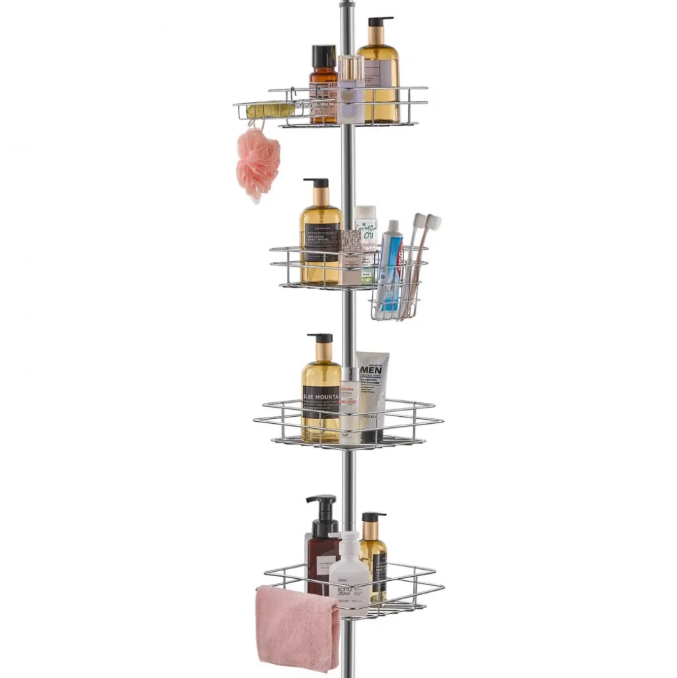VEVOR Shower Corner Caddy Tension Pole, 42" to 114" High, Multi-Functional Shower Tension Pole with Strong Load-Bearing Tray, Rust-Proof Easy-to-Install Tension Pole, Fit for Bathroom & Washroom