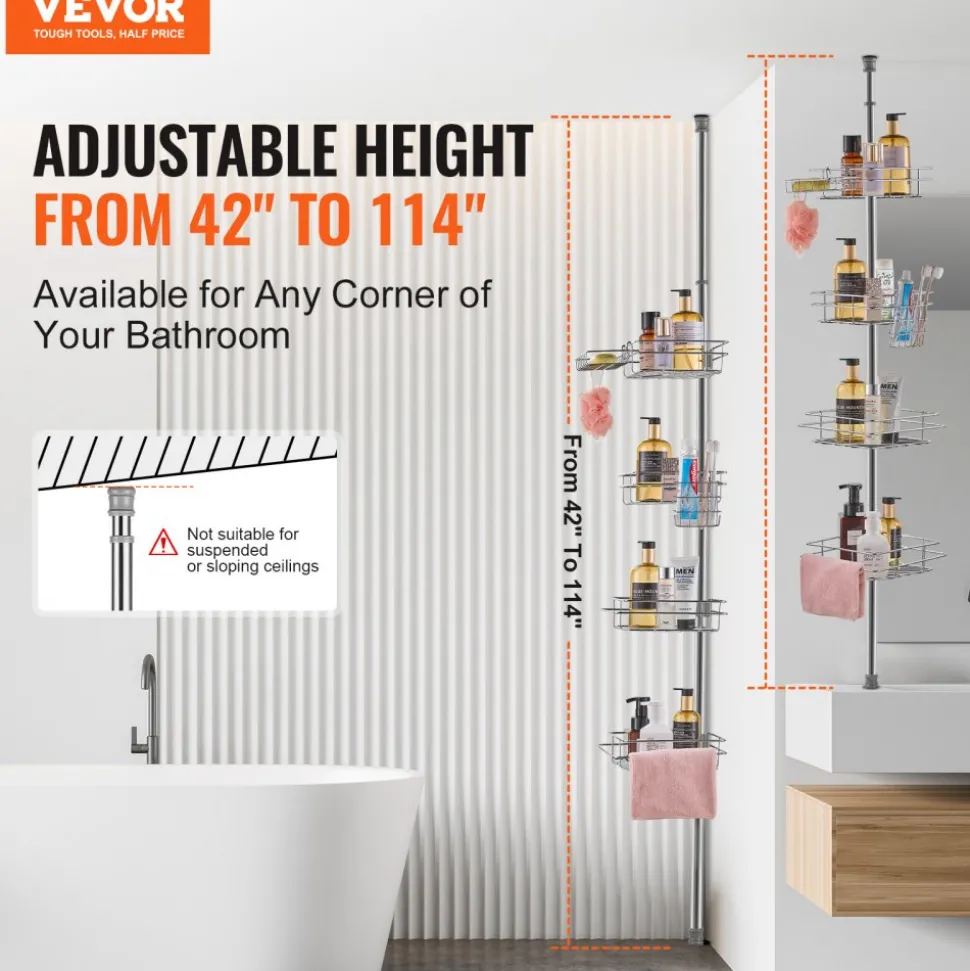 VEVOR Shower Corner Caddy Tension Pole, 42" to 114" High, Multi-Functional Shower Tension Pole with Strong Load-Bearing Tray, Rust-Proof Easy-to-Install Tension Pole, Fit for Bathroom & Washroom