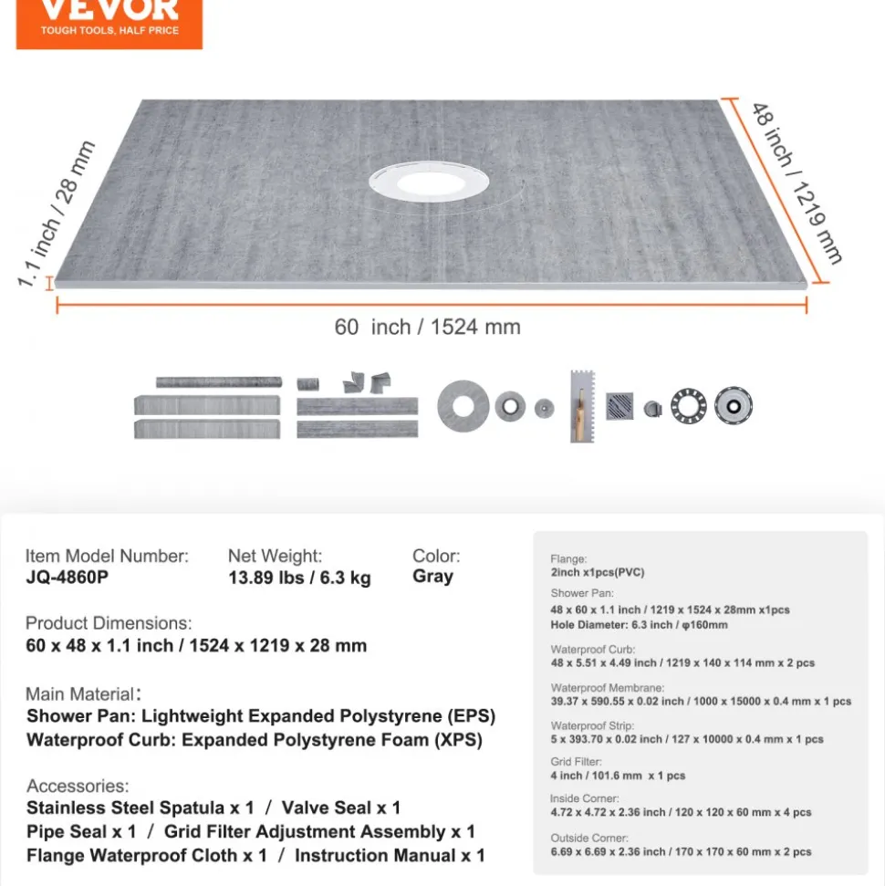 VEVOR Shower Curb Kit, 60"x48" Shower Pan Kit with 2" PVC Central Flange, Waterproof Membrane, Stainless Steel Grate and Joint Sealant, Shower Pan Slope Sticks Fit for Bathroom