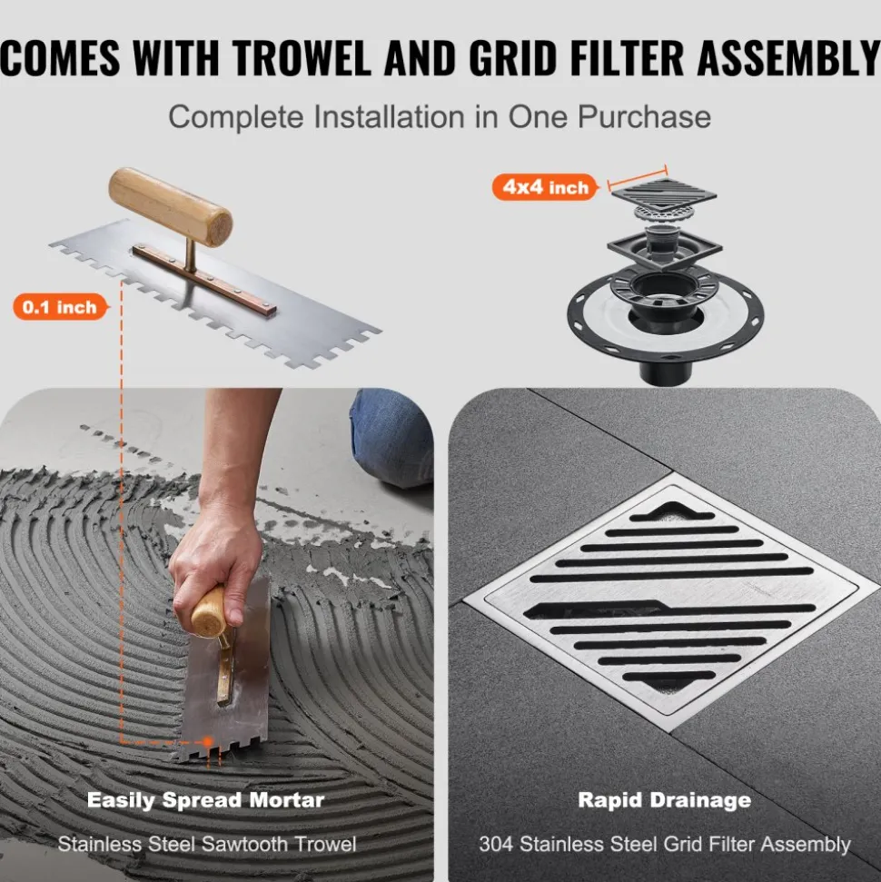 VEVOR Shower Curb Kit, 72"x72" Shower Pan Kit with 2" ABS Central Flange, 4" Stainless Steel Grate, Waterproof Shower Curb & Membrane & Strip, Shower Pan Slope Sticks Fit for Bathroom