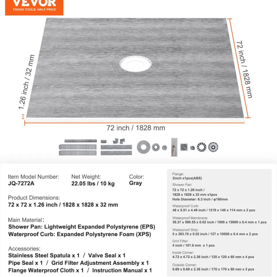 VEVOR Shower Curb Kit, 72"x72" Shower Pan Kit with 2" ABS Central Flange, 4" Stainless Steel Grate, Waterproof Shower Curb & Membrane & Strip, Shower Pan Slope Sticks Fit for Bathroom