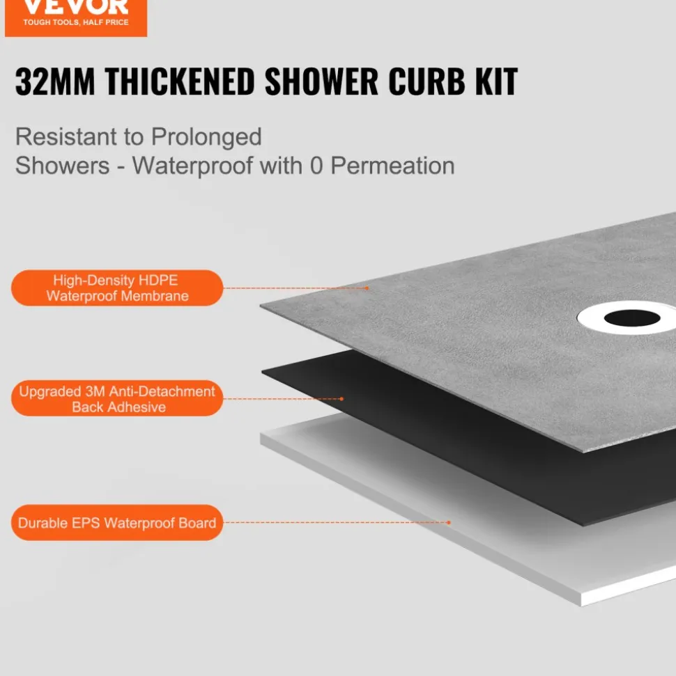 VEVOR Shower Curb Kit, 72"x72" Shower Pan Kit with 2" PVC Central Flange, 4" Stainless Steel Grate, Waterproof Shower Curb & Membrane & Strip, Shower Pan Slope Sticks Fit for Bathroom