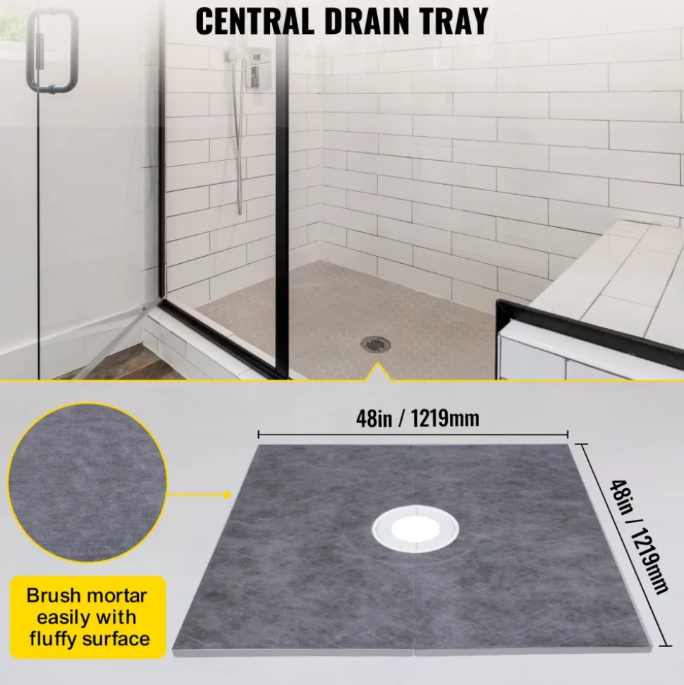 VEVOR Shower Curb Kit, 48"x48" Watertight Shower Curb Overlay with 4" ABS Central Bonding Flange, 4" Stainless Steel Grate, 2 Cuttable Shower Curb and Trowel, Shower Pan Slope Sticks Fit for Bathr