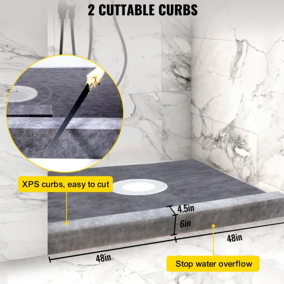 VEVOR Shower Curb Kit, 48"x48" Watertight Shower Curb Overlay with 4" ABS Central Bonding Flange, 4" Stainless Steel Grate, 2 Cuttable Shower Curb and Trowel, Shower Pan Slope Sticks Fit for Bathr