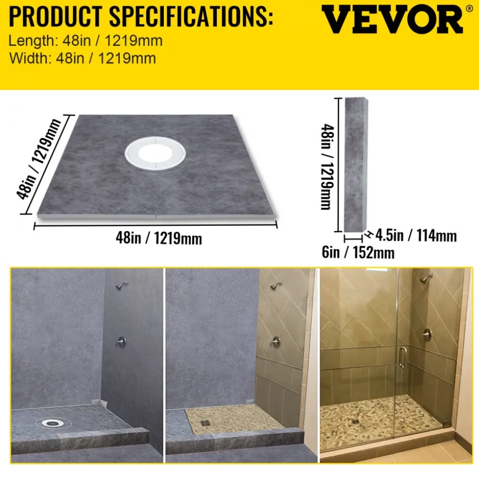 VEVOR Shower Curb Kit, 48"x48" Watertight Shower Curb Overlay with 4" ABS Central Bonding Flange, 4" Stainless Steel Grate, 2 Cuttable Shower Curb and Trowel, Shower Pan Slope Sticks Fit for Bathr