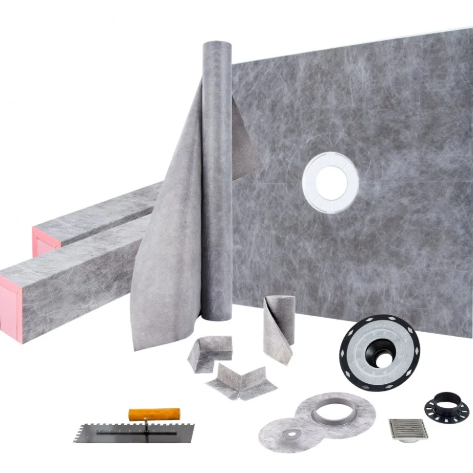 VEVOR Shower Curb Kit, 48"x48" Watertight Shower Curb Overlay with 4" ABS Central Bonding Flange, 4" Stainless Steel Grate, 2 Cuttable Shower Curb and Trowel, Shower Pan Slope Sticks Fit for Bathr