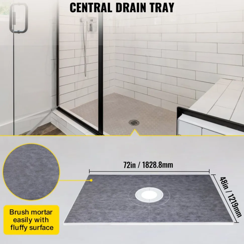 VEVOR Shower Curb Kit, 48"x72" Watertight Shower Curb Overlay with 4" ABS Central Bonding Flange, 4" Stainless Steel Grate, 2 Cuttable Shower Curb and Trowel, Shower Pan Slope Sticks Fit for Bathr