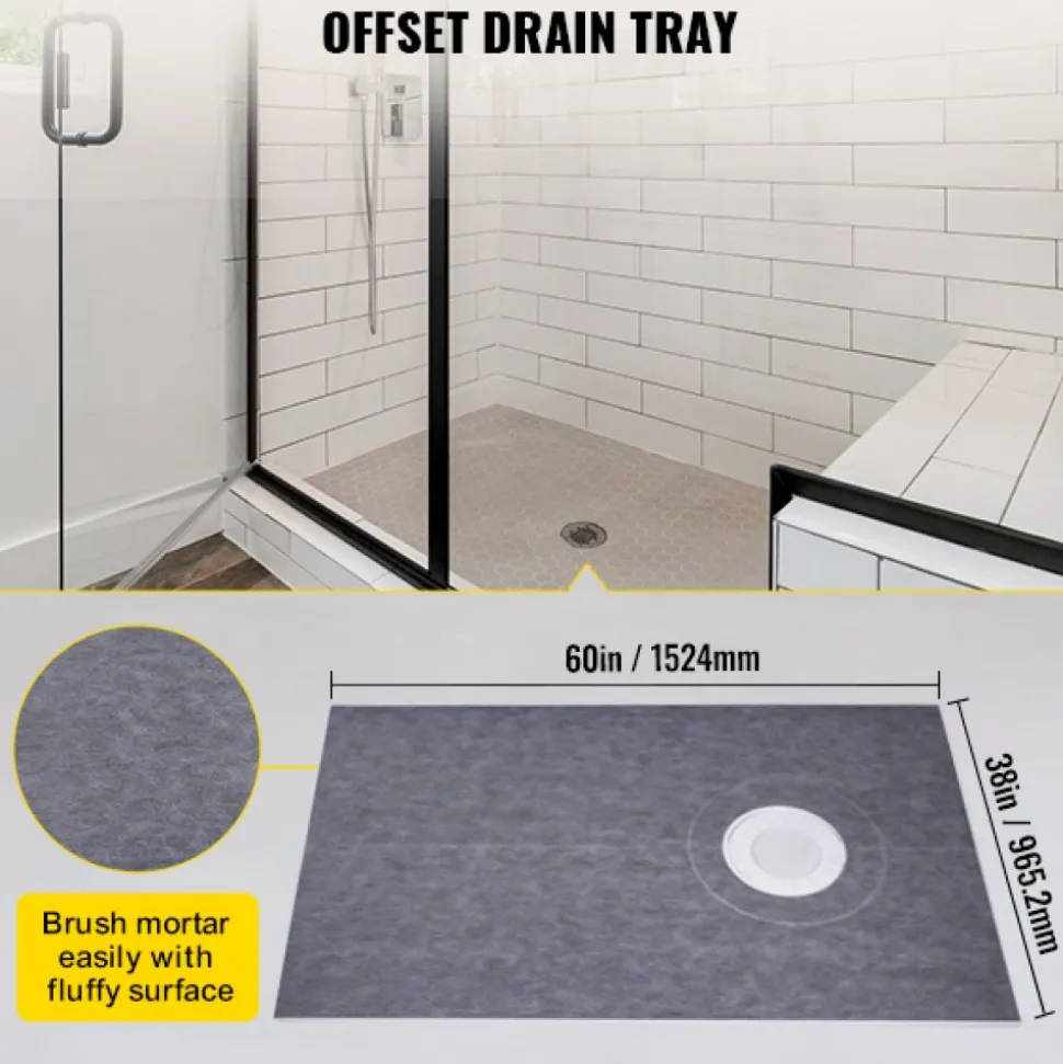 VEVOR Shower Curb Kit 38" x 60" Watertight Shower Curb Overlay with 4" PVC Offset Bonding Flange, 4" Stainless Steel Grate, 2 Cuttable Shower Curb and Trowel, Shower Pan Slope Sticks Fit for Bathr