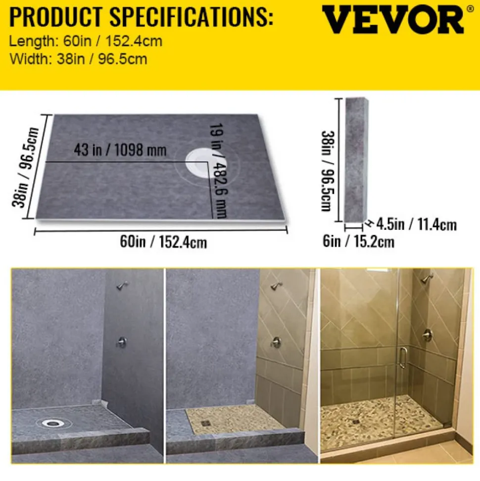 VEVOR Shower Curb Kit 38" x 60" Watertight Shower Curb Overlay with 4" PVC Offset Bonding Flange, 4" Stainless Steel Grate, 2 Cuttable Shower Curb and Trowel, Shower Pan Slope Sticks Fit for Bathr