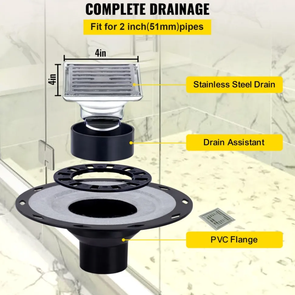VEVOR Shower Curb Kit, 38"x60" Watertight Shower Curb Overlay with 4" PVC Central Bonding Flange, 4" Stainless Steel Grate, 2 Cuttable Shower Curb and Trowel, Shower Pan Slope Sticks Fit for Bathr