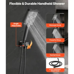 VEVOR Shower Faucet Set, 12 Inch Ceiling Mount Rainfall Shower System with 6 Inch Wall Mount Head and 4 in 1 Handheld Spray, Rotatable 3-Function Dual Rain Head Brass Valve and Trim Kit, Matte Black
