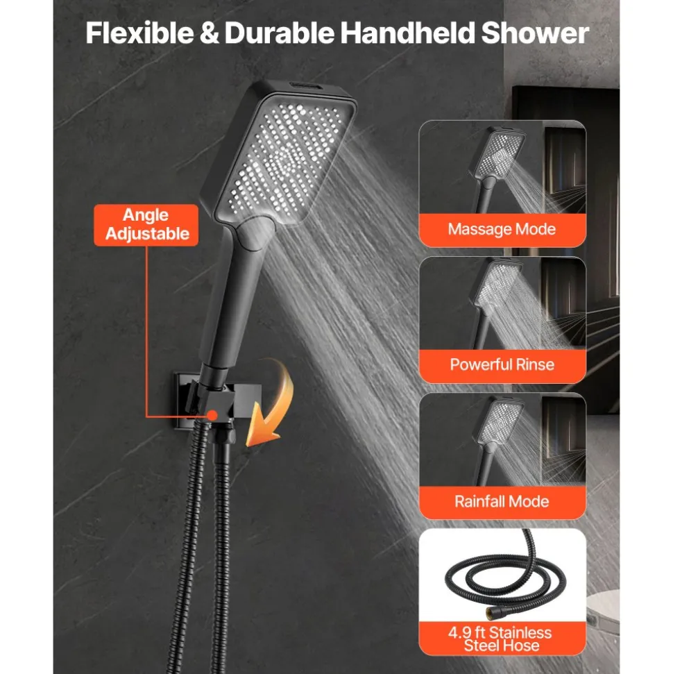 VEVOR Shower Faucet Set, 12 Inch Ceiling Mount Rainfall Shower System with 6 Inch Wall Mount Head and 4 in 1 Handheld Spray, Rotatable 3-Function Dual Rain Head Brass Valve and Trim Kit, Matte Black