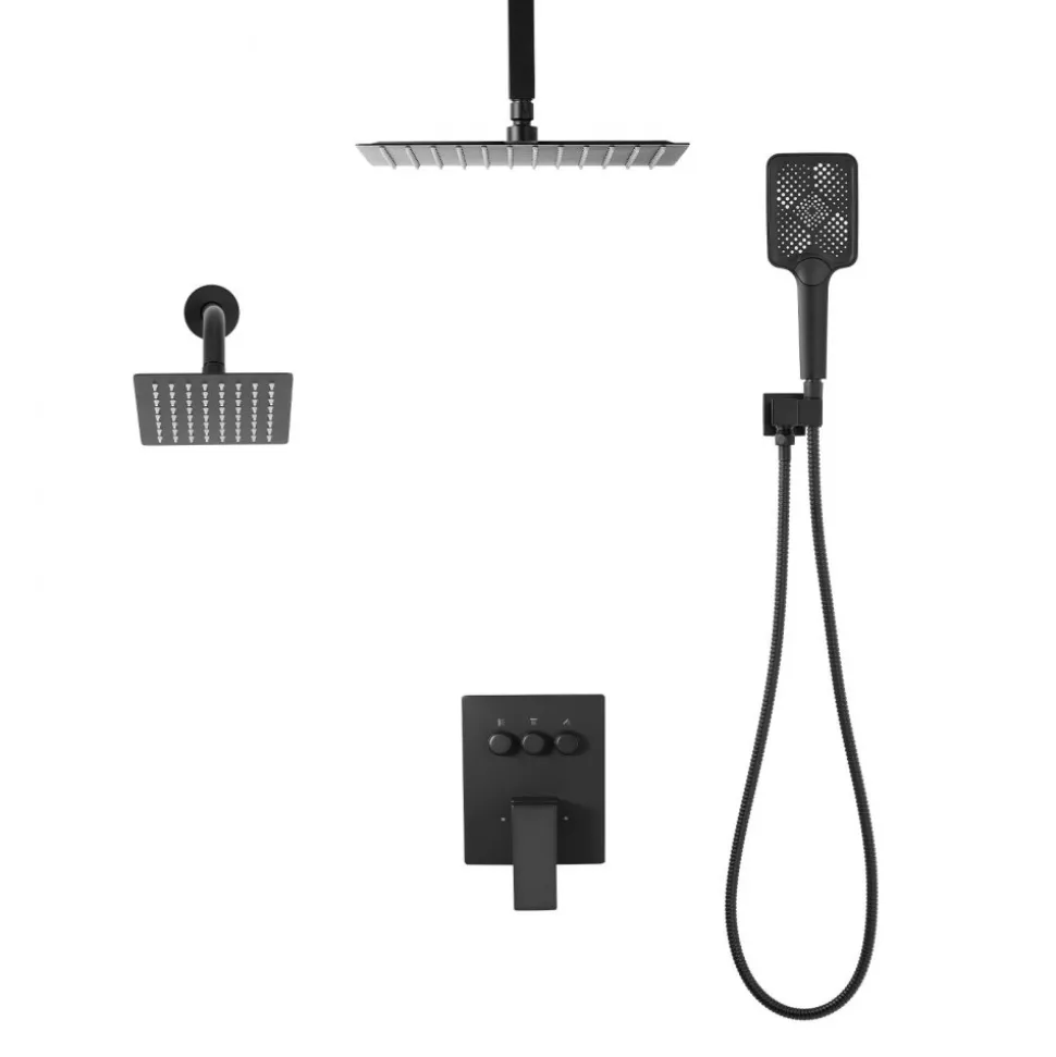 VEVOR Shower Faucet Set, 12 Inch Ceiling Mount Rainfall Shower System with 6 Inch Wall Mount Head and 4 in 1 Handheld Spray, Rotatable 3-Function Dual Rain Head Brass Valve and Trim Kit, Matte Black