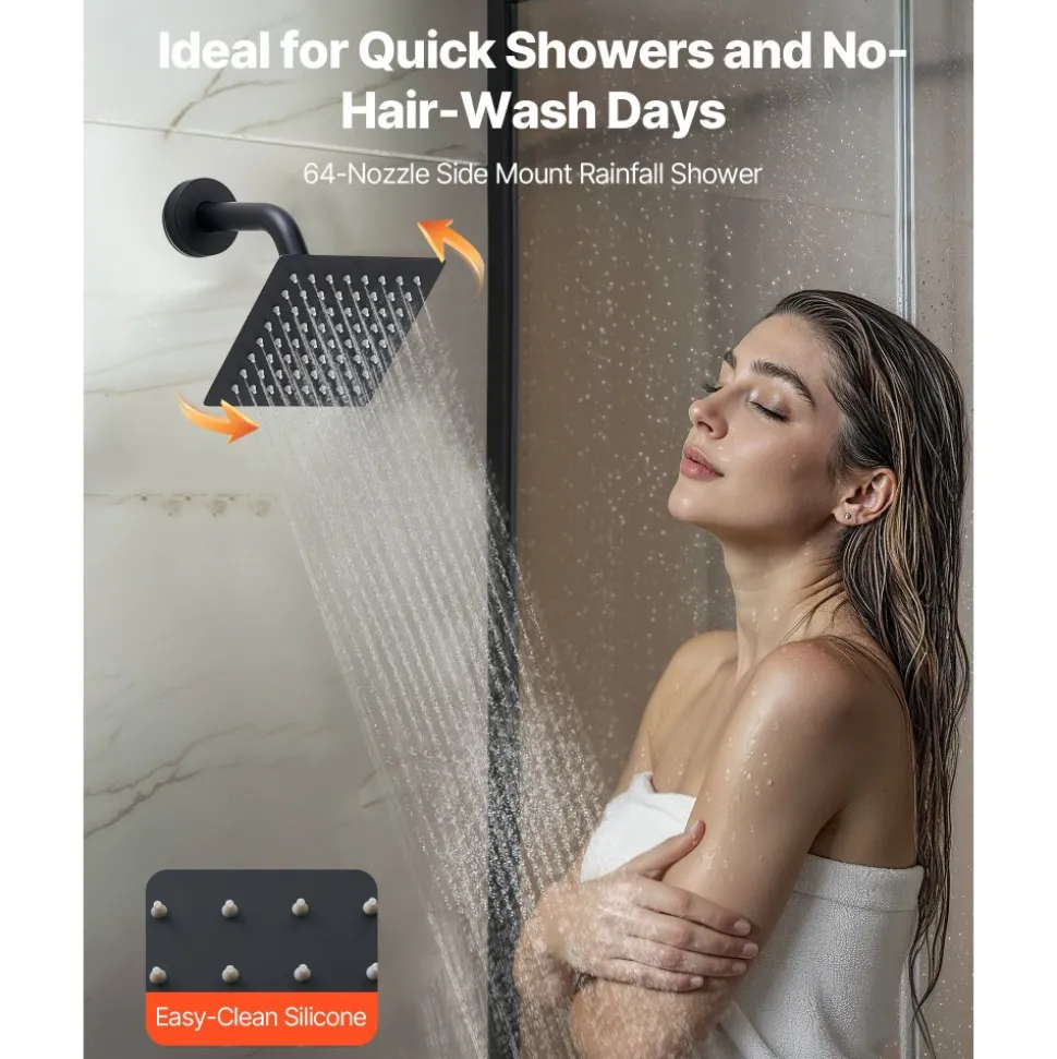 VEVOR Shower Faucet Set, 12 Inch Ceiling Mount Rainfall Shower System with 6 Inch Wall Mount Head and 4 in 1 Handheld Spray, Rotatable 3-Function Dual Rain Head Brass Valve and Trim Kit, Matte Black