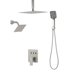 VEVOR Shower Faucet Set, 12 Inch Ceiling Mount Rainfall Shower System with 6 Inch Wall Mount Head and 4 in 1 Handheld Spray, Rotatable 3-Function Dual Rain Head Brass Valve & Trim Kit, Brushed Nickel
