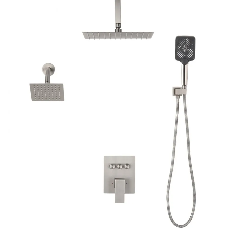 VEVOR Shower Faucet Set, 12 Inch Ceiling Mount Rainfall Shower System with 6 Inch Wall Mount Head and 4 in 1 Handheld Spray, Rotatable 3-Function Dual Rain Head Brass Valve & Trim Kit, Brushed Nickel