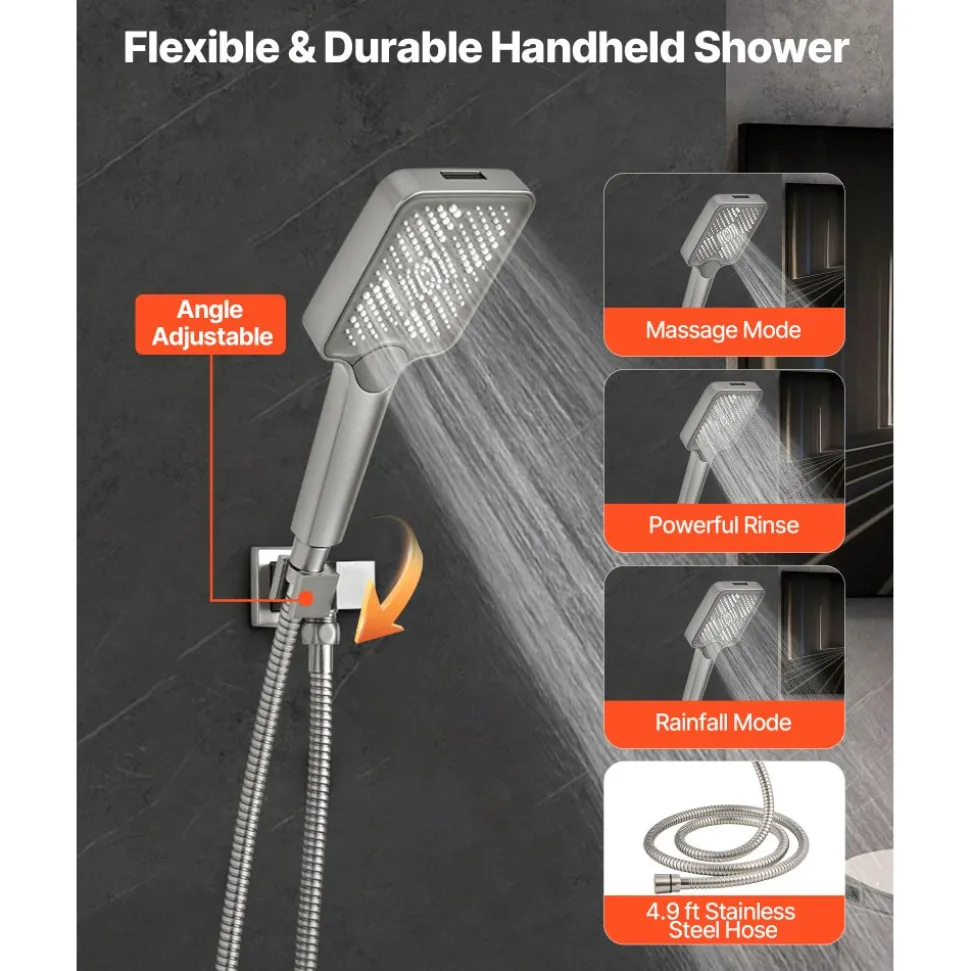VEVOR Shower Faucet Set, 12 Inch Ceiling Mount Rainfall Shower System with 6 Inch Wall Mount Head and 4 in 1 Handheld Spray, Rotatable 3-Function Dual Rain Head Brass Valve & Trim Kit, Brushed Nickel