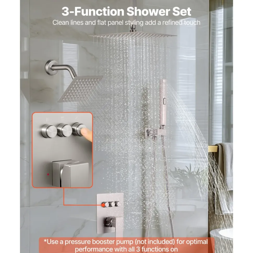 VEVOR Shower Faucet Set, 10 Inch Ceiling Mount Rainfall Shower System with 6 Inch Wall Mount Head and 2 in 1 Handheld Spray, Rotatable 3-Function Dual Rain Head Brass Valve & Trim Kit, Brushed Nickel