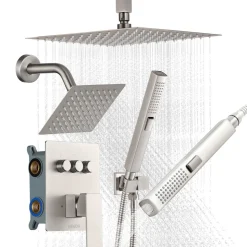 VEVOR Shower Faucet Set, 10 Inch Ceiling Mount Rainfall Shower System with 6 Inch Wall Mount Head and 2 in 1 Handheld Spray, Rotatable 3-Function Dual Rain Head Brass Valve & Trim Kit, Brushed Nickel